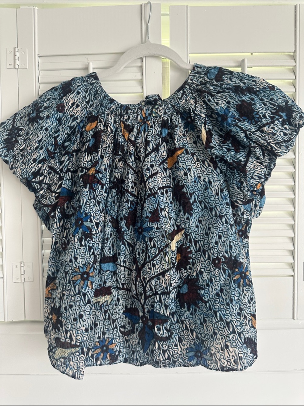 Ulla Johnson Blue Floral Smocked-Neck Puff Sleeve Blouse